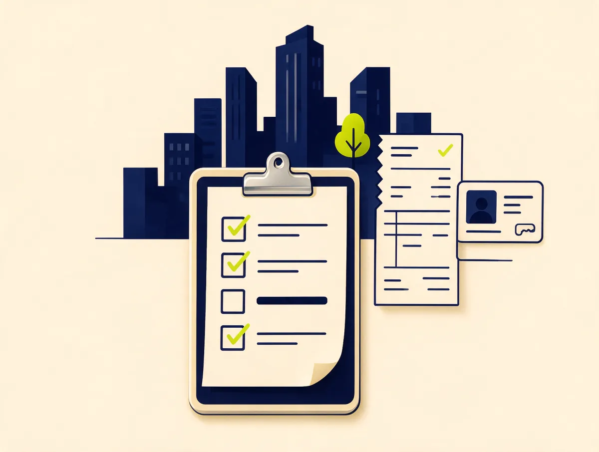 Checklist with lime check marks beside a pay stub and ID card, representing what lenders review to approve a personal loan
