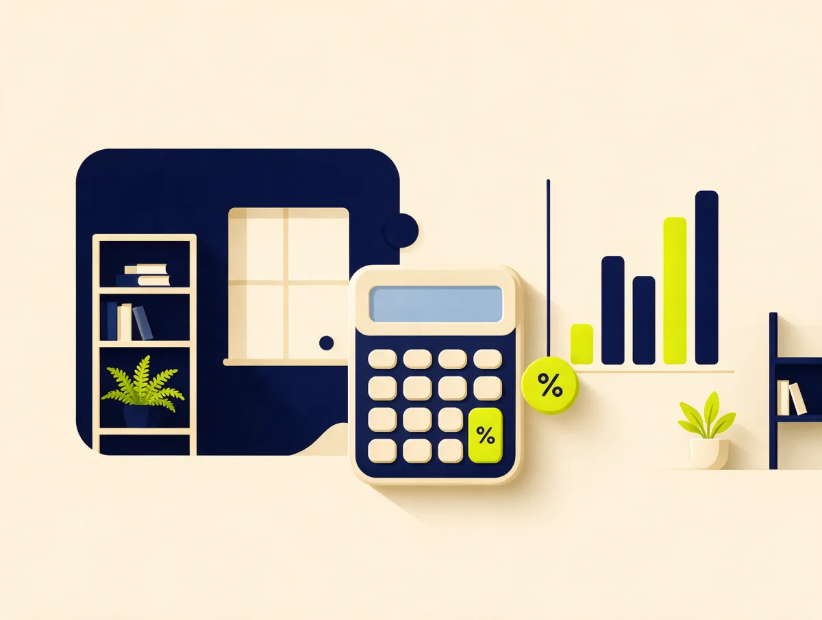 Calculator beside a bar chart and a percent badge, illustrating how personal loan interest rates and APR change the total cost