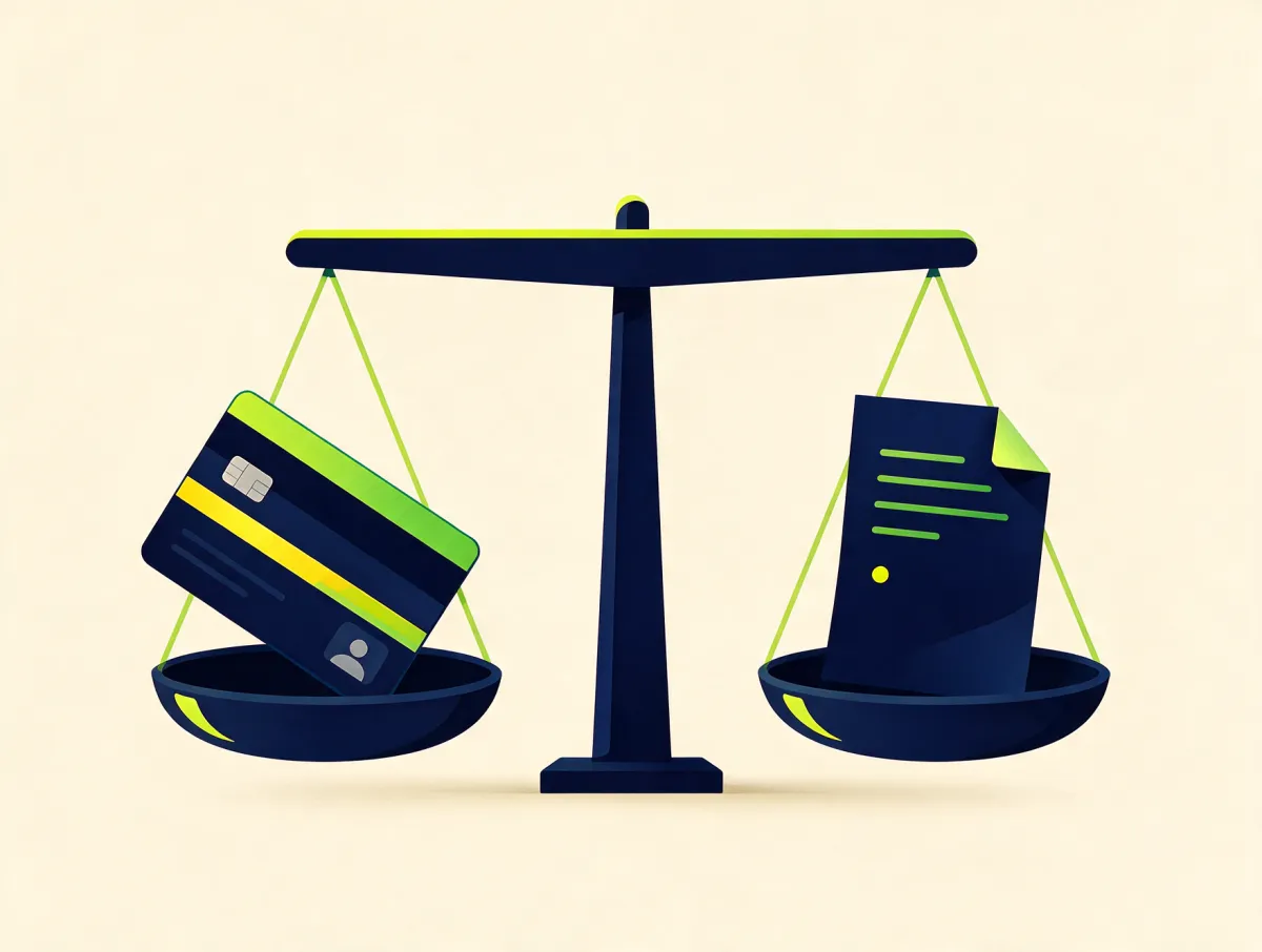 Balance scale weighing a credit card against a signed loan document, comparing personal loans with credit cards