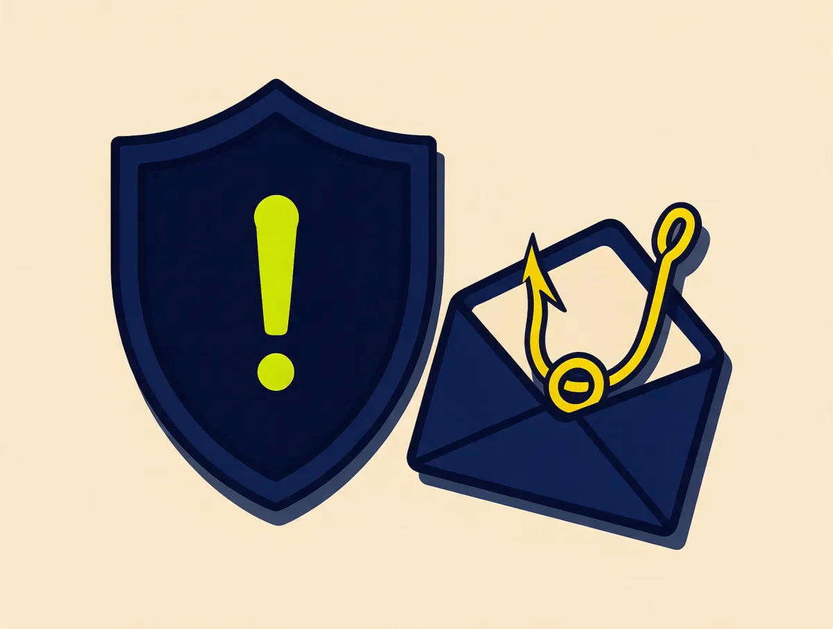 Warning shield with an exclamation mark next to a suspicious envelope, representing red flags to avoid when looking for bad credit loans