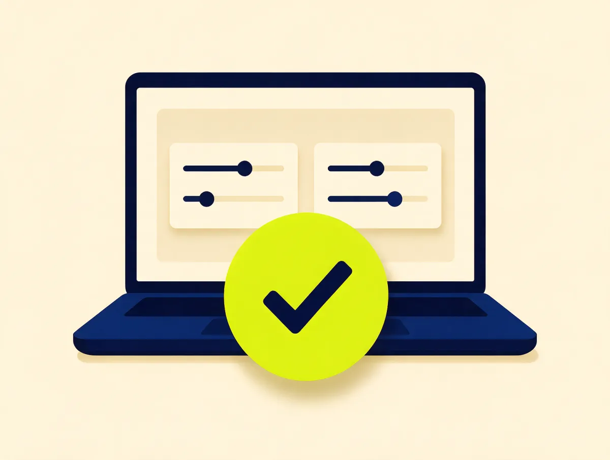 Laptop showing side-by-side loan offers with one marked by a lime checkmark badge, representing comparing bad credit loan offers through Covero