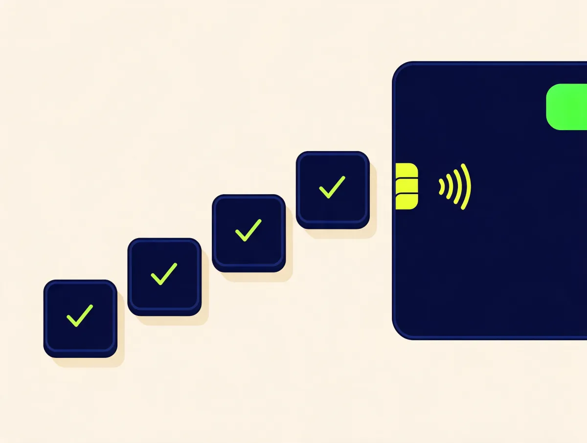 Path of steps with lime checkmarks leading to a bank card, illustrating the steps to get a loan with bad credit
