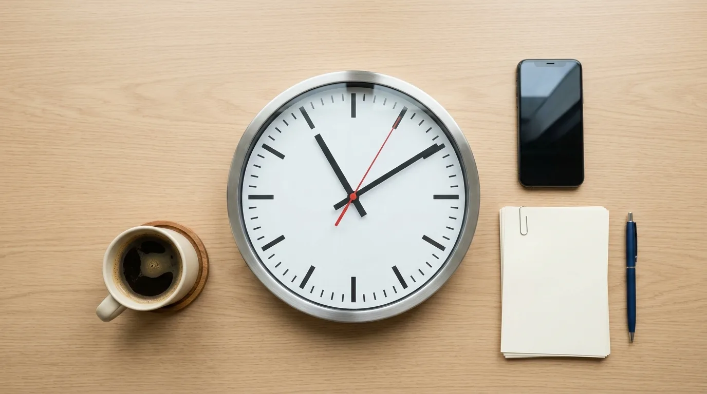 An analog clock beside a phone, documents and coffee on a desk, the cutoff-time race that decides whether a $500 payday loan funds the same day