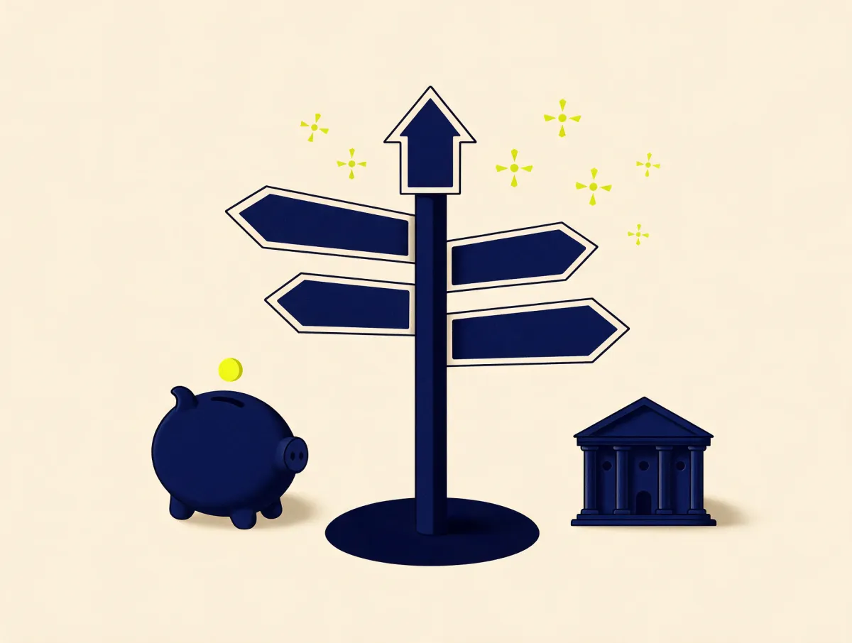 Signpost pointing between a piggy bank and a credit union building, representing cheaper alternatives to a cash advance