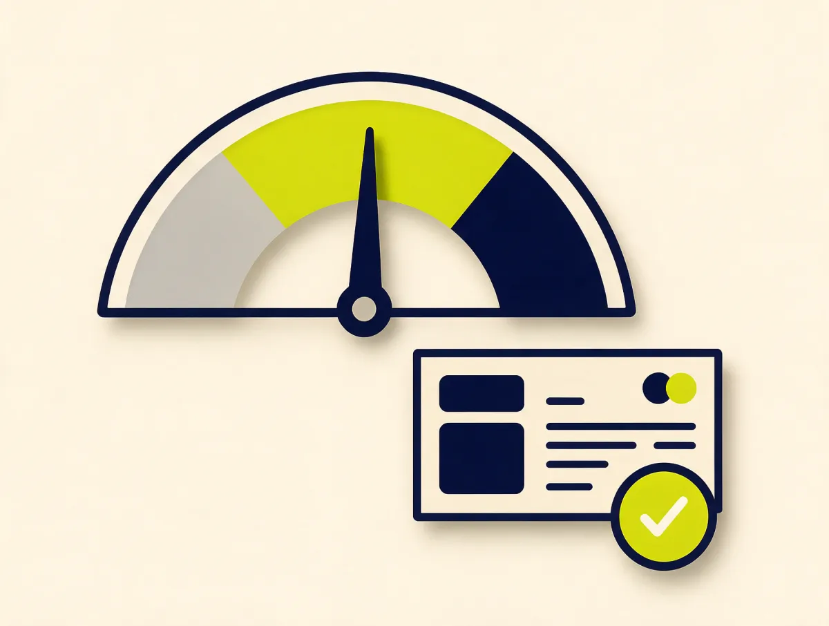 Credit score gauge with the needle in the middle beside a paycheck stub with a lime checkmark, showing income matters alongside credit for a cash advance
