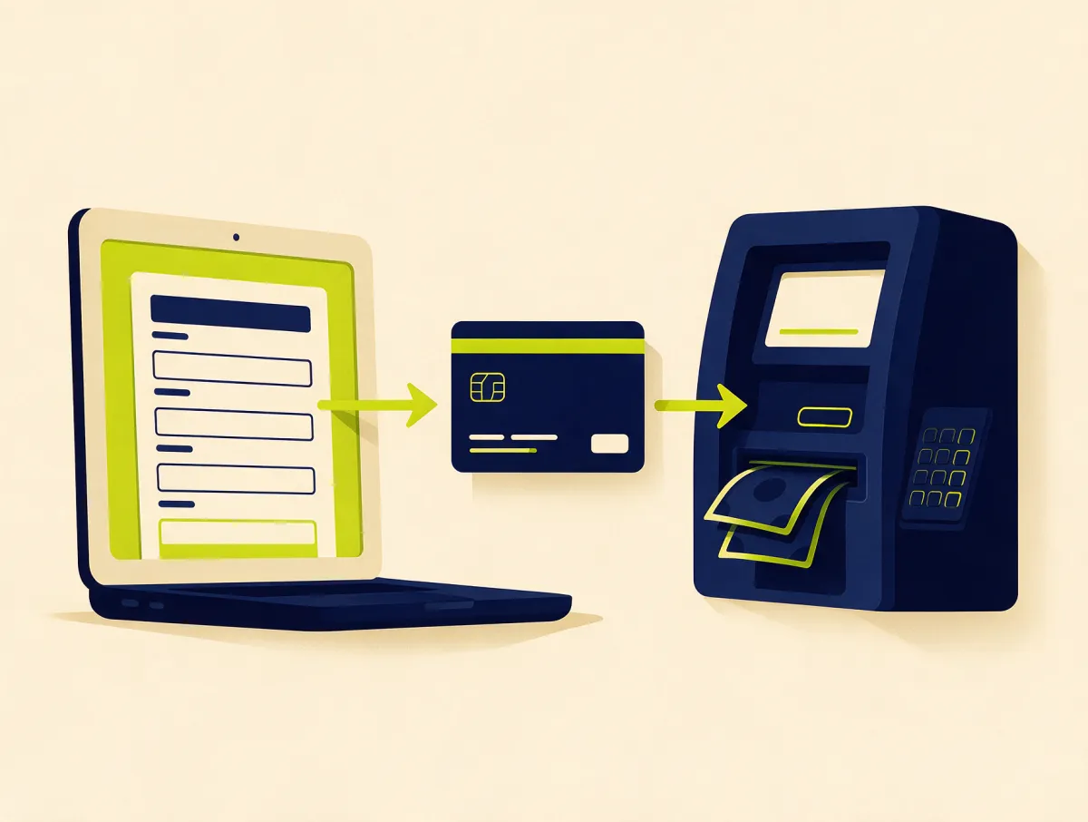 Laptop with an online form, a bank card and an ATM connected by arrows, showing the ways to get a cash advance online or from a credit card