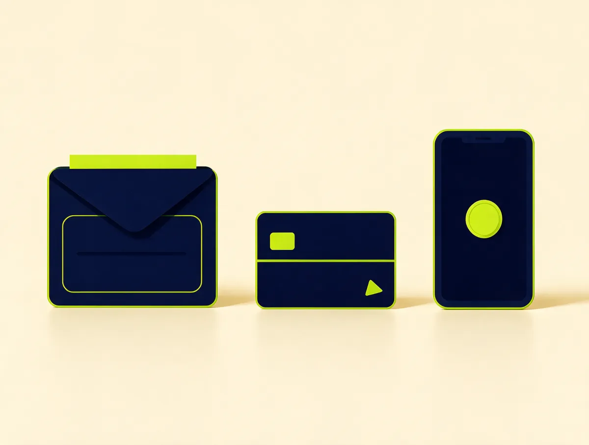 A paycheck, a credit card and a smartphone next to each other, representing the three kinds of cash advance: paycheck loans, card advances and apps