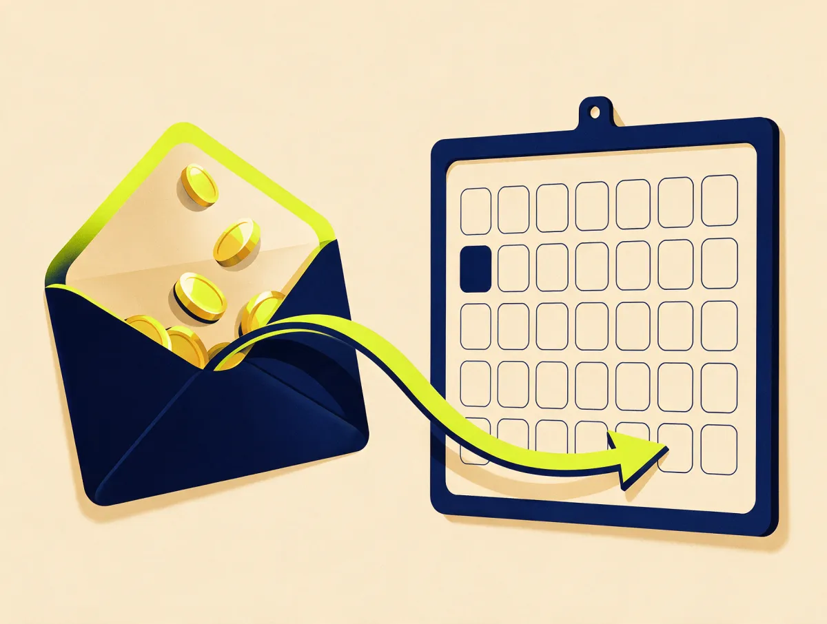 Paycheck envelope with a portion of coins moving forward on a calendar, showing how a cash advance gives you part of your pay early