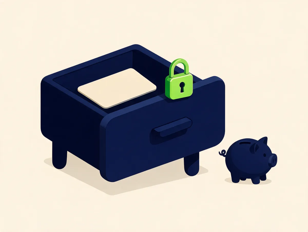 Credit card locked away in a drawer next to a piggy bank, representing staying out of credit card debt after consolidation