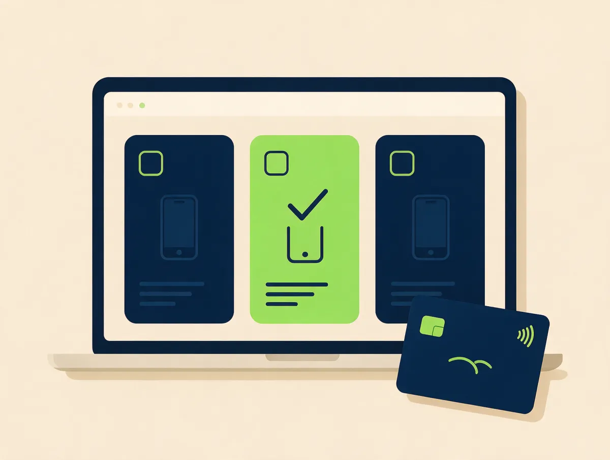 Laptop showing loan cards with one highlighted and checked, representing a credit card consolidation loan request through Covero