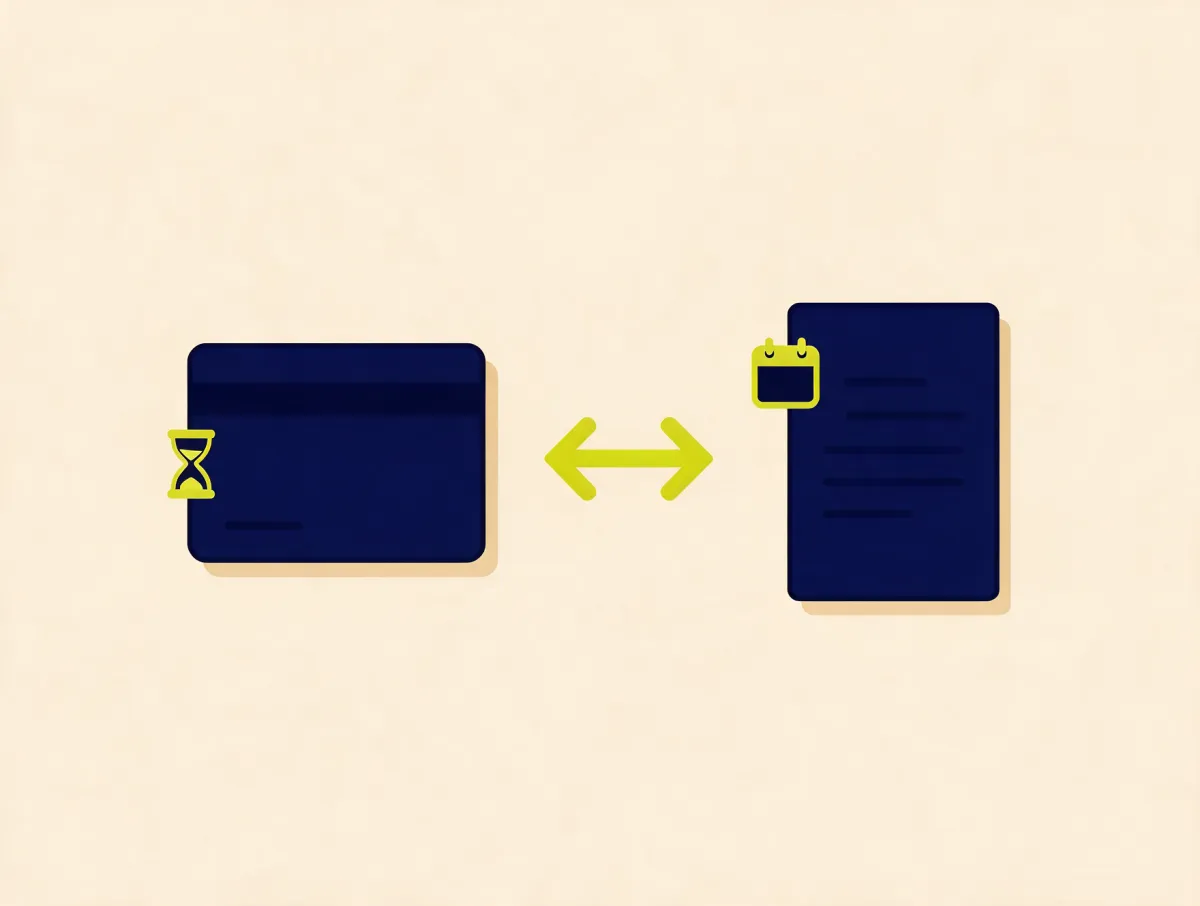 A credit card with an hourglass badge and a loan document with a calendar badge, comparing a balance transfer card with a credit card consolidation loan