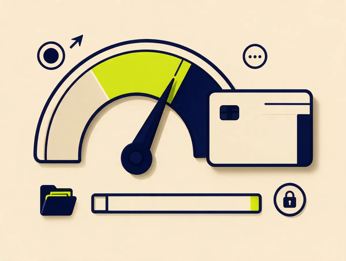 Credit score gauge moving toward the higher range beside a card with a low balance, showing how credit card consolidation can affect your credit score