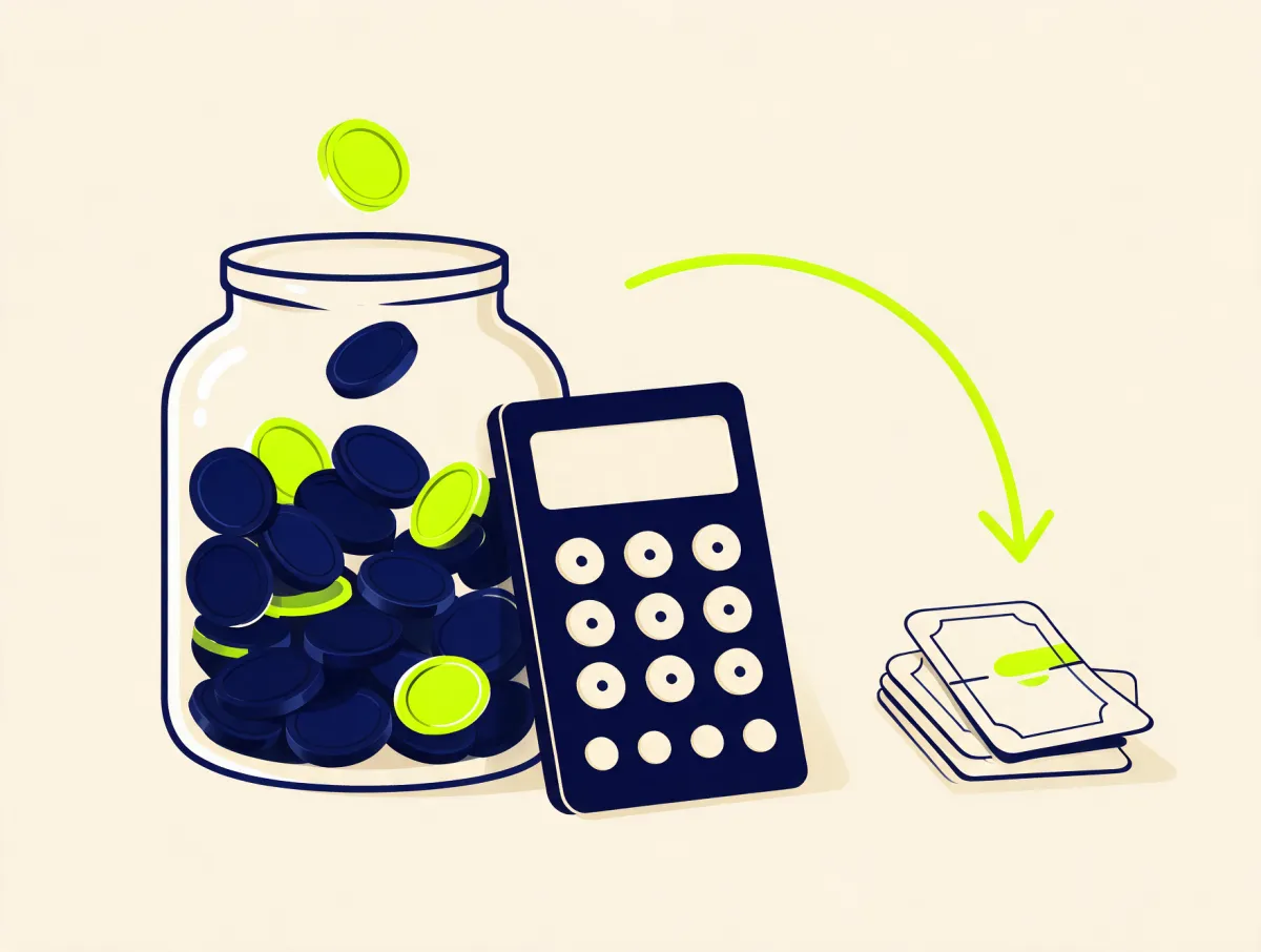 Jar filling with coins beside a calculator and a shrinking pile of bills, illustrating the savings from credit card consolidation