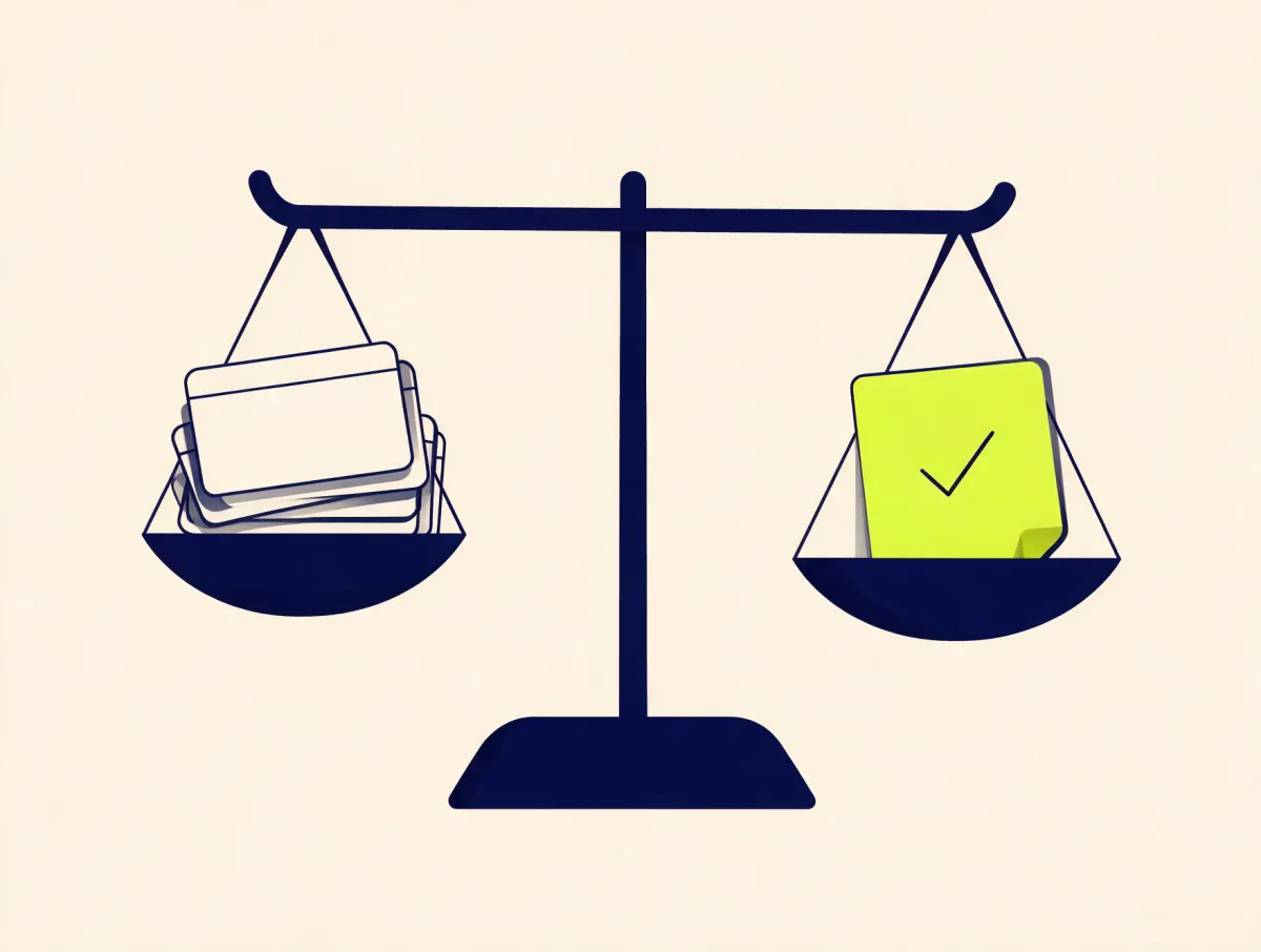 Balance scale weighing a stack of credit cards against one approved document, representing whether credit card consolidation is a good idea