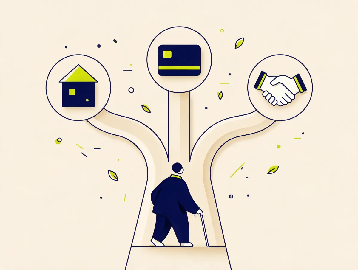 A path splitting three ways toward a house, a credit card and a handshake, representing alternatives to a debt consolidation loan