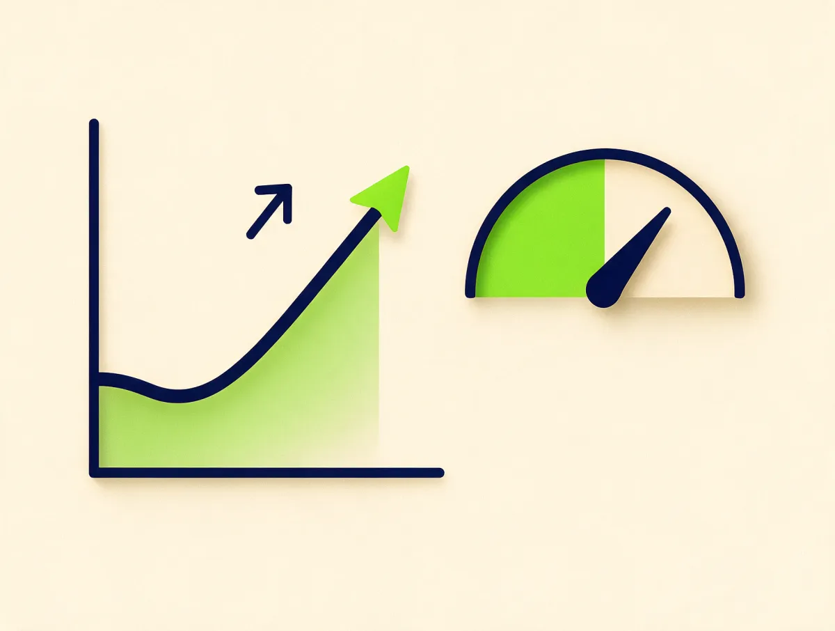 Line chart dipping slightly then climbing beside a score gauge, showing how debt consolidation can affect your credit score over time
