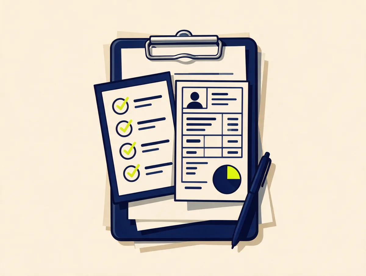 Clipboard with a checked list beside an application form and pie chart, representing what lenders review for a debt consolidation loan