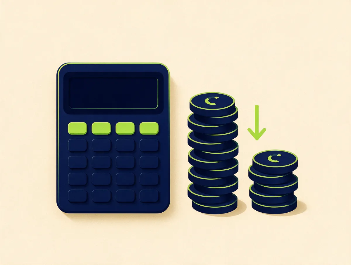 Calculator next to a tall coin stack and a shorter one with a downward arrow, illustrating the interest you can save with debt consolidation