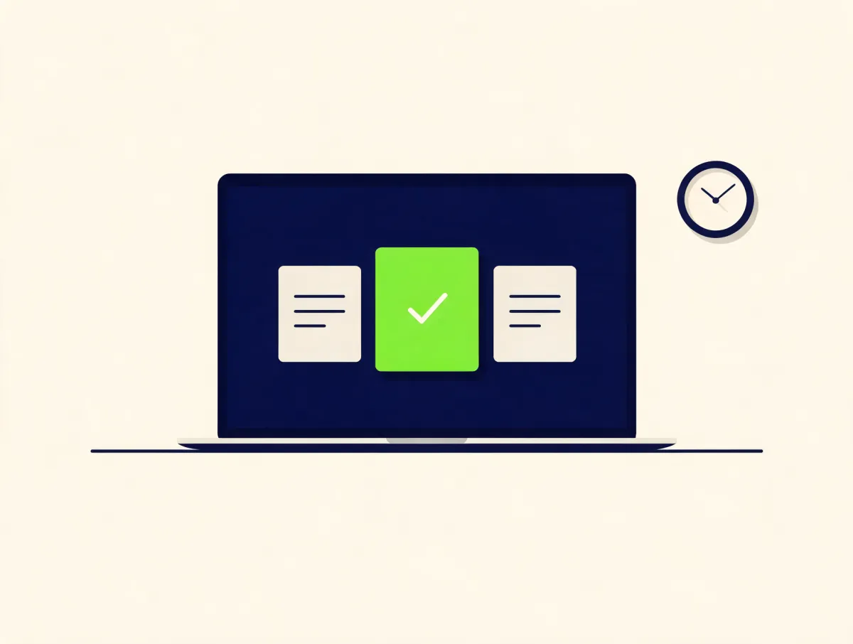 Laptop showing three loan offer cards with the best one highlighted beside a clock, representing comparing emergency loan offers through Covero