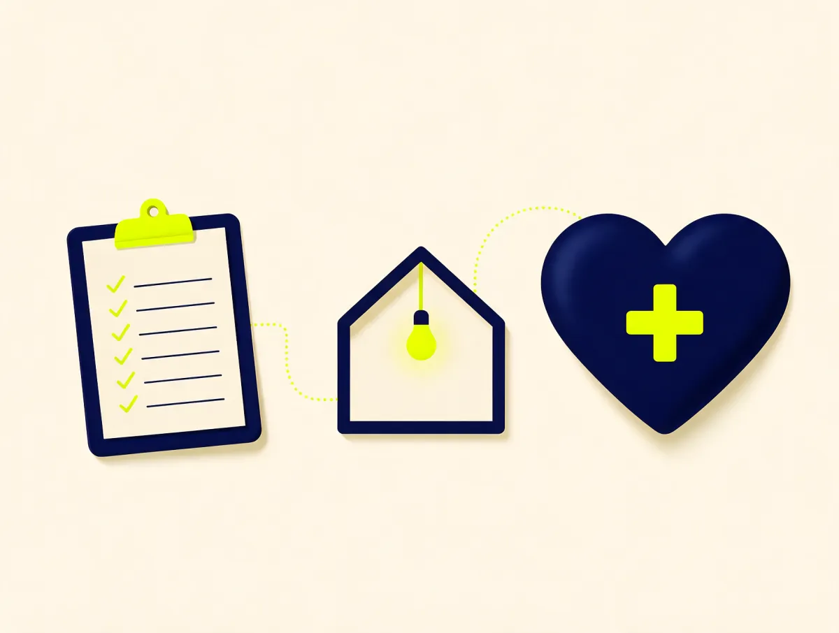 Checklist clipboard linked to a house with a lightbulb and a medical heart, representing payment plans and assistance programs as alternatives to an emergency loan