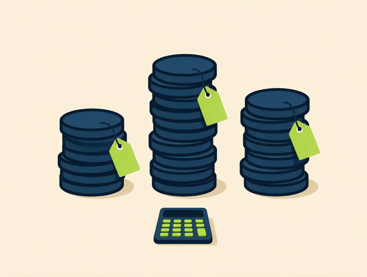 Three coin stacks of different heights with blank price tags and a calculator, comparing what different emergency loan options cost
