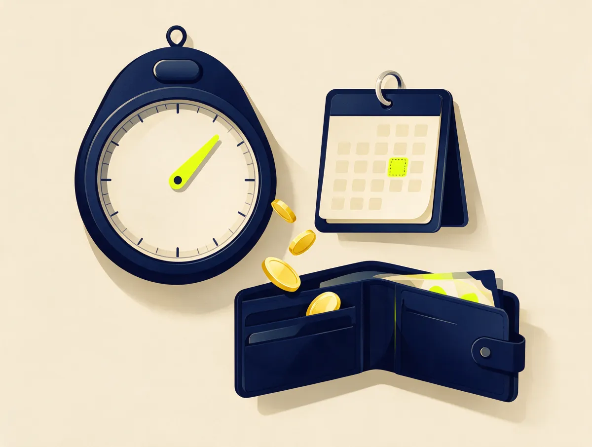 Stopwatch beside a calendar with one day highlighted and coins dropping into a wallet, illustrating how fast emergency loan funding can arrive