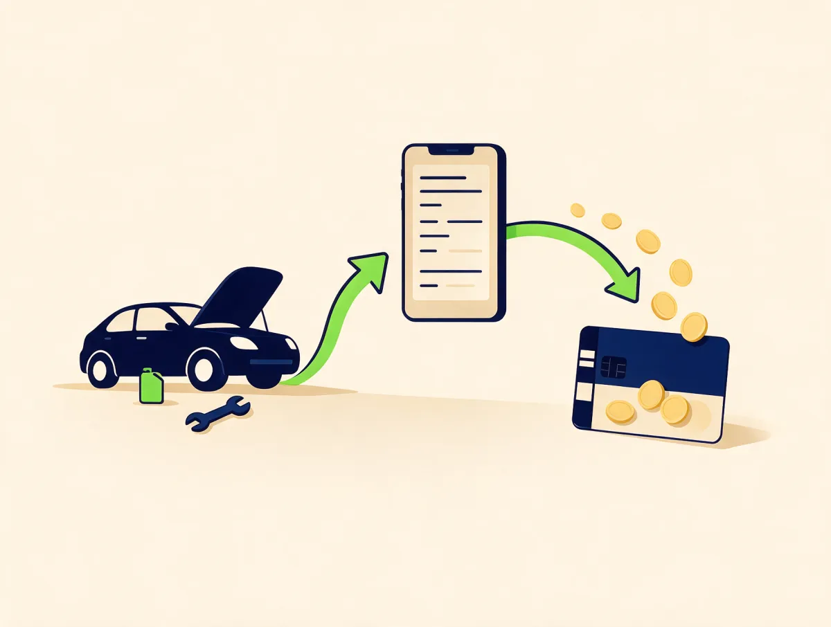 Car with its hood open, an arrow to a phone loan request, and coins flowing to a bank card, showing how an emergency loan covers an urgent repair