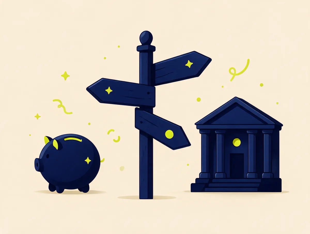 Signpost pointing between a piggy bank and a credit union building, representing cheaper alternatives to payday loans