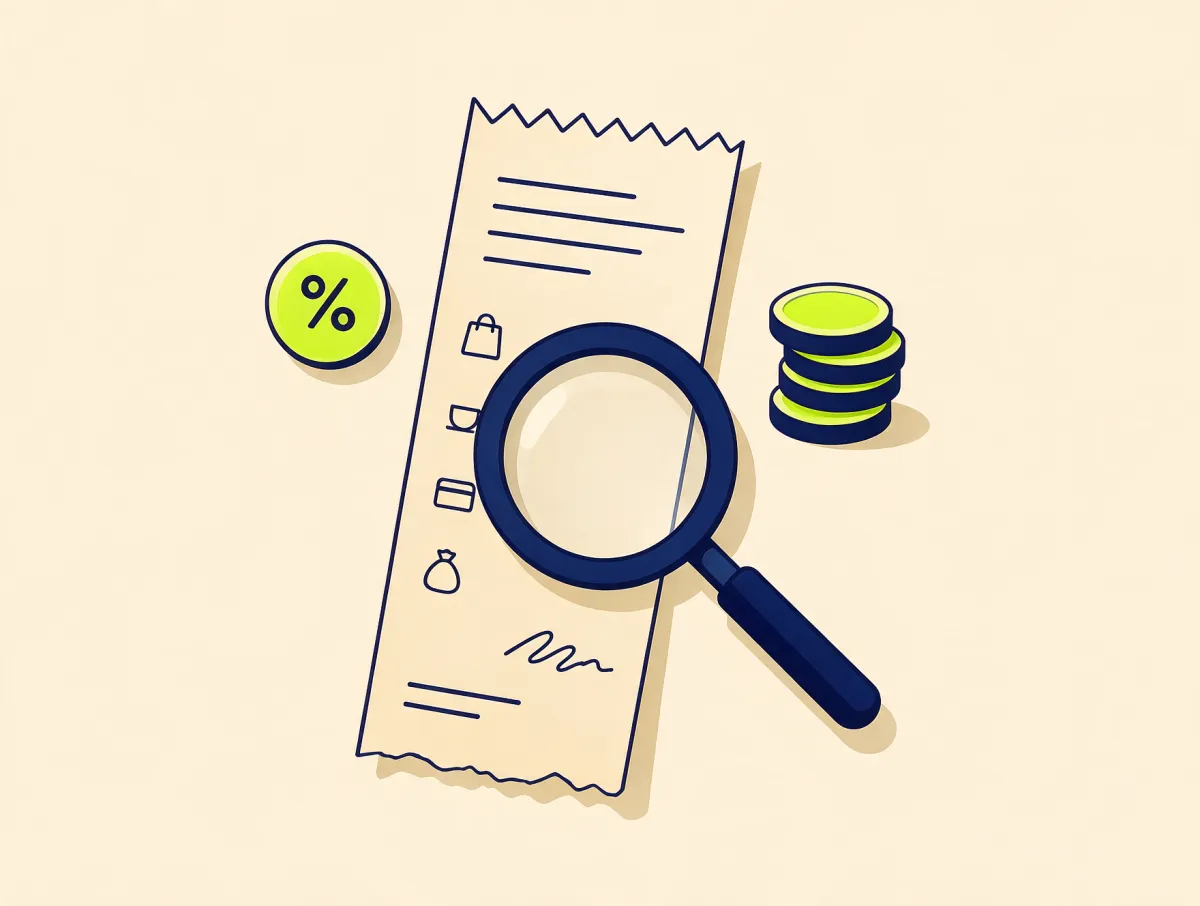 Magnifying glass over a receipt beside a stack of coins and a percent badge, illustrating payday loan fees and APR
