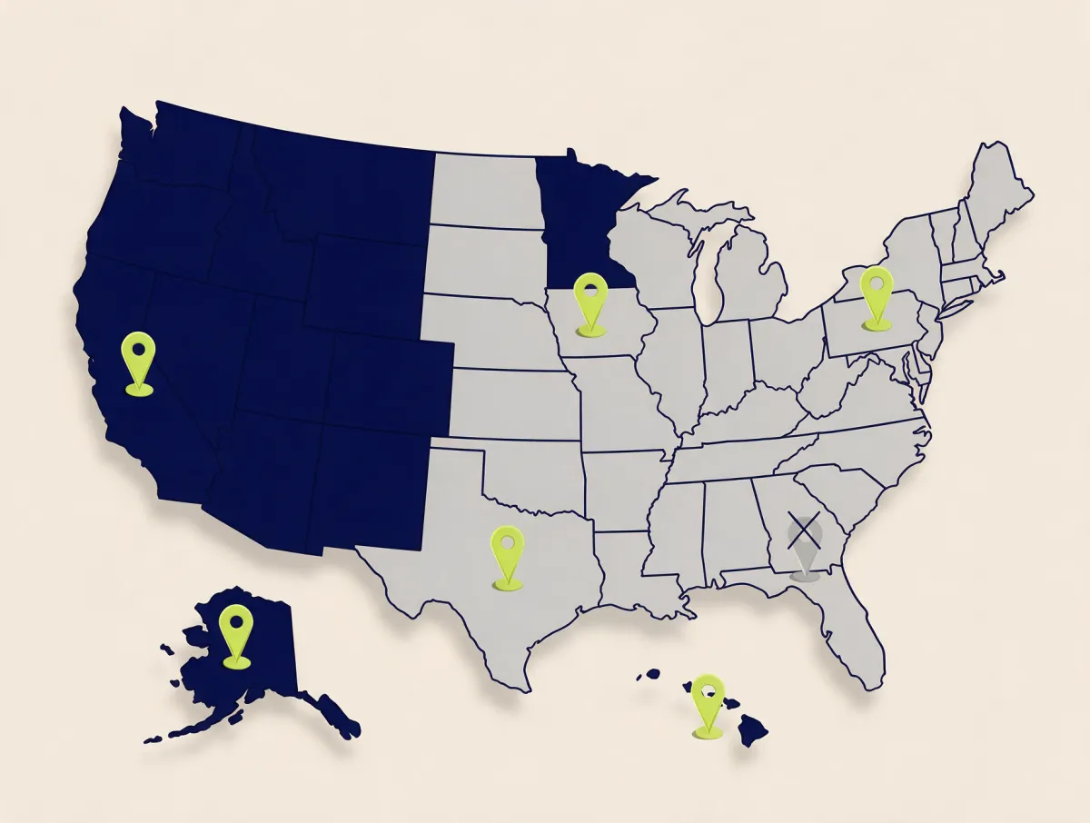 Map of the United States with location pins, one crossed out, showing that payday loan rules and availability vary by state