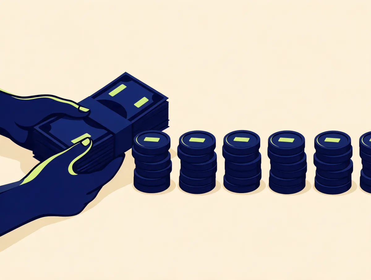 Hands holding a bundle of cash beside a row of equal coin stacks, showing a personal loan paid out once and repaid in fixed installments