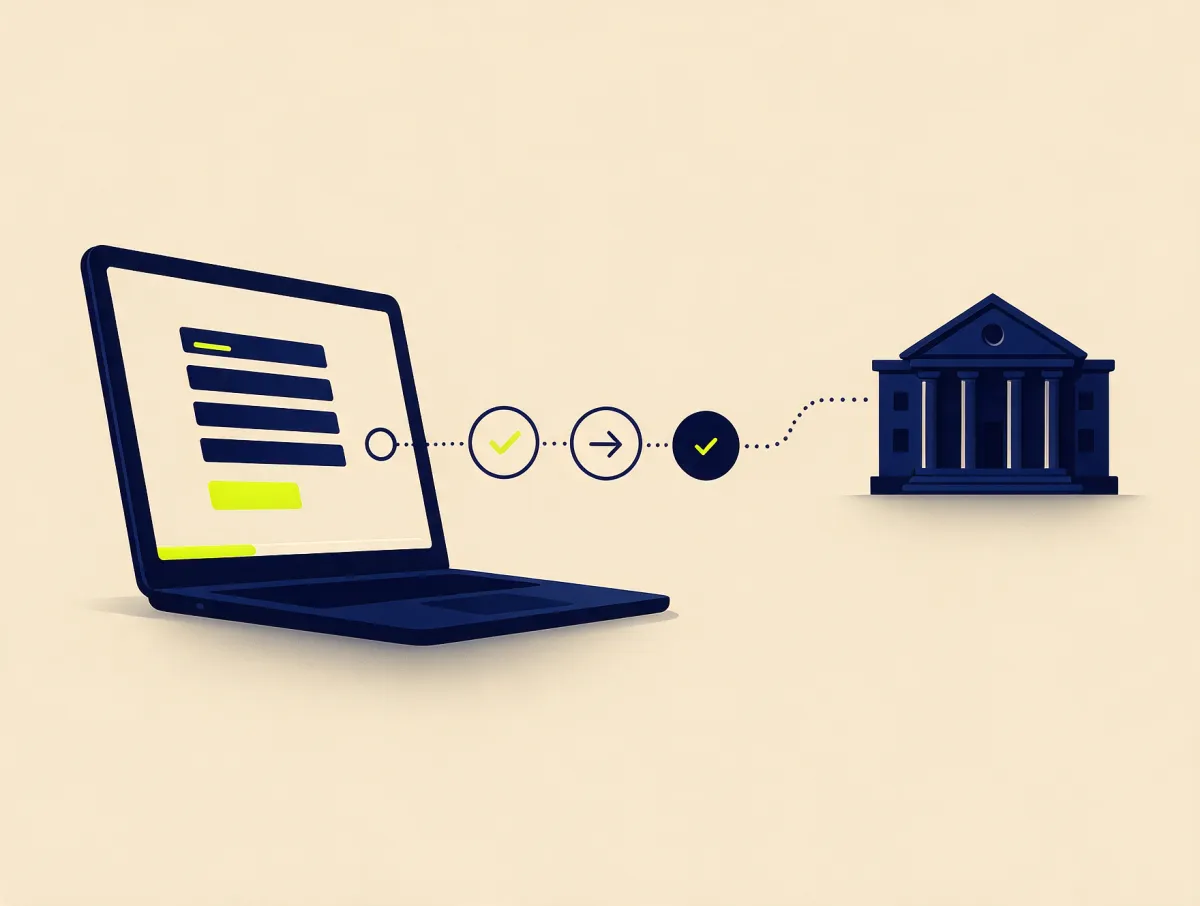 Laptop with an online form connected by three steps to a bank building, showing the steps to apply for a personal loan online