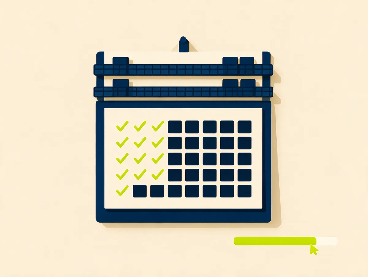 Calendar with lime check marks on paid months and a nearly full progress bar, representing paying off a personal loan on schedule