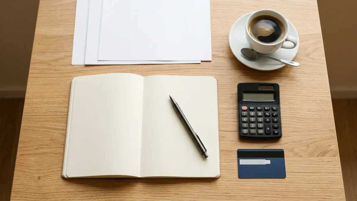 A calculator, open notebook, payment card and coffee on a light wood desk, working out how a credit score changes the cost of borrowing.