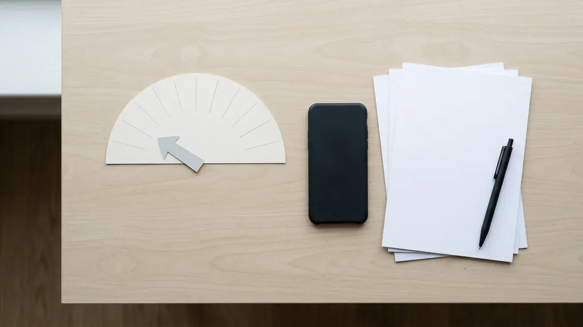 A blank paper gauge with an arrow pointer beside a phone and documents on a desk, representing where a credit score falls within the 300 to 850 range.