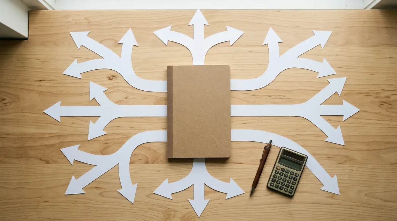 Paper arrows branching in different directions from a notebook on a light wood desk, representing the different payday loan alternatives a borrower can weigh.